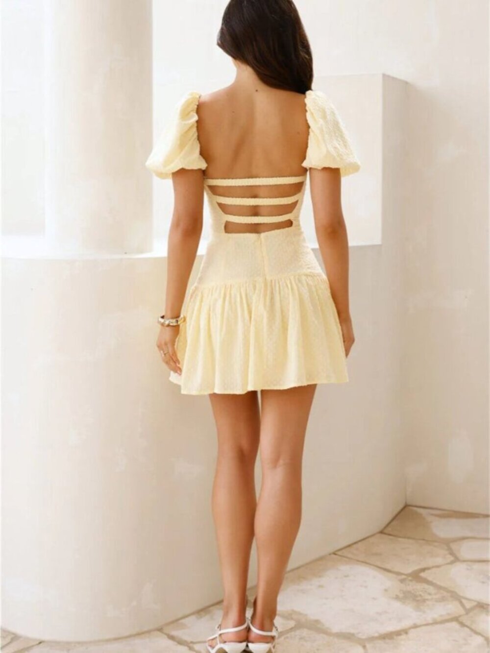 Hello Molly Curious Girl Puff Sleeve Mini Dress Pastel Yellow Size 6/ Medium - Picture 4 of 8